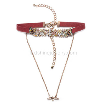 Tour de cou velours mis cristal pendentif strass fleur